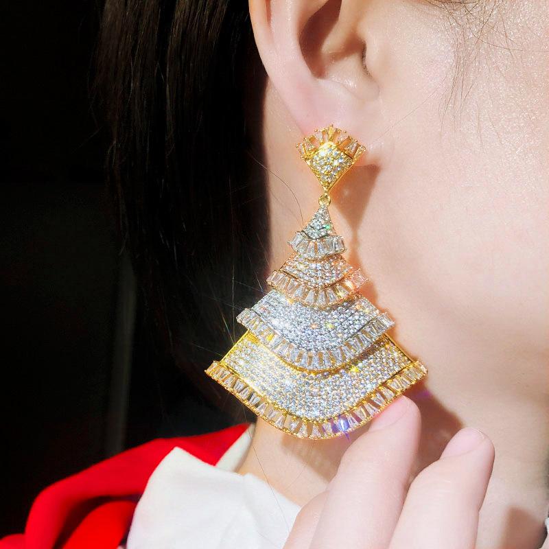 E0307 Middle East Personality Three-Color Full Diamond Zircon Earrings Needle Fan Earrings