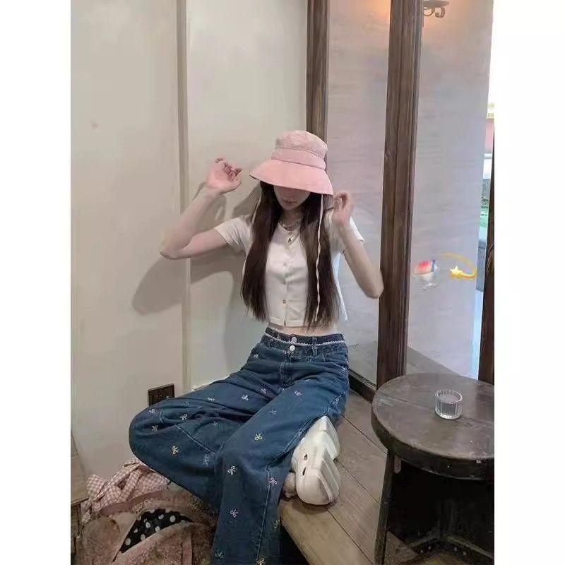 Summer Colorful Bow Embroidered Lace Denim Wide-leg Pants for Women Draped High Waist Straight Floor Pants