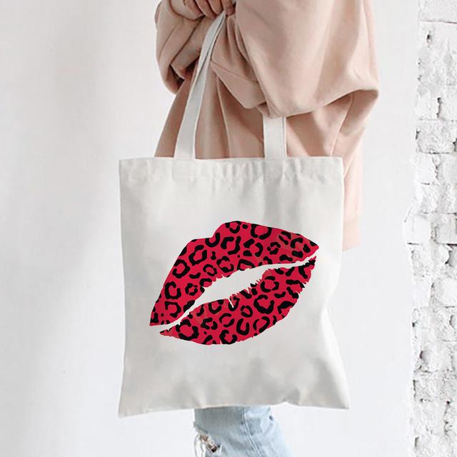 Red Lips Canvas Shoulder Tote Bag For Women Casual Fashion Shopping Bag Large Capacity Handbag Party Travel Orange Best Gifts