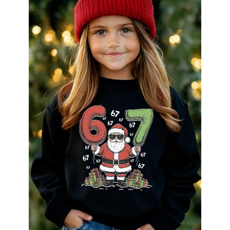 Unisex Kids Black Crewneck Sweatshirt For 4-12 Boys Girls Cool Santa Sunglasses Number 67 Balloon Gift Box Christmas Print Soft Long Sleeve Pullover 110 чёрный