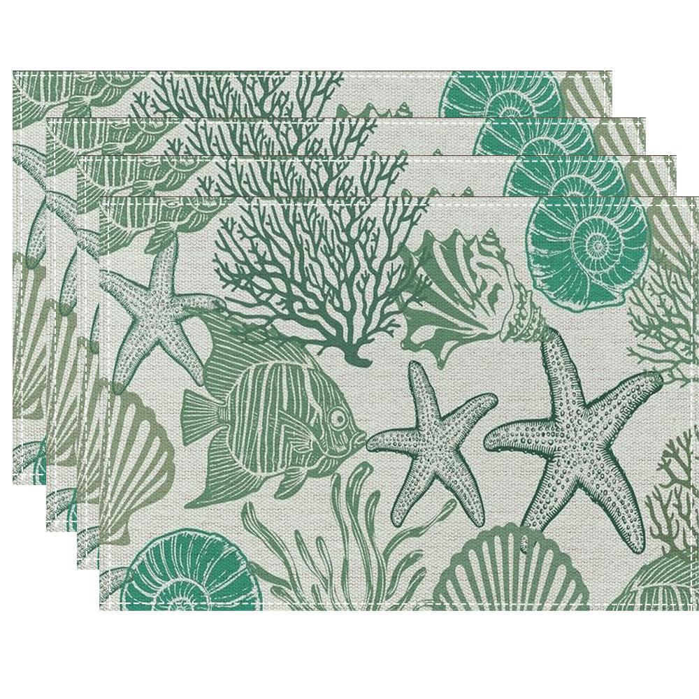 Hot Summer Beach Placemats Starfish Beach Theme Ocean Shell Printing Dust-proof and Heat-insulating Summer Placemats