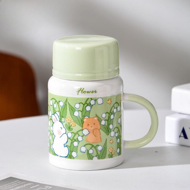 

Кружка с цветами «Медведь и Кролик», маленькая свежая чашка, чашка для воды «Лучший друг девушки», керамическая чашка большой вместимости с крышкой, чашка для молока 420ml