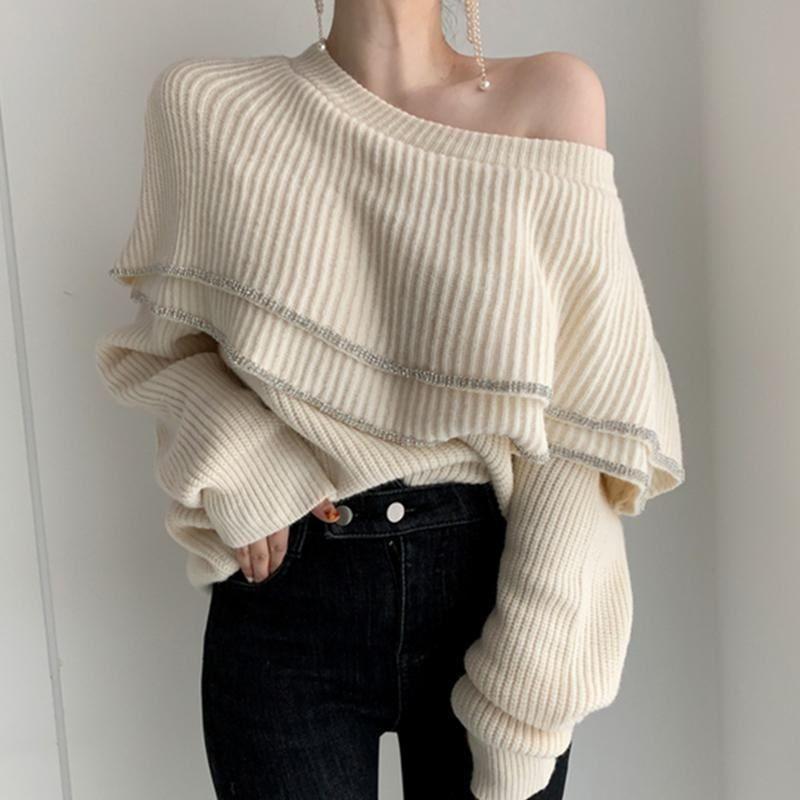 Fashion Trend French Retro Double-layer Ruffle Edge Off-the-shoulder Design Sense Long-sleeved Knitted Sweater Women's Trend