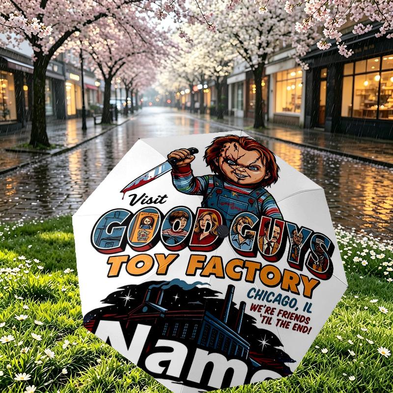 Custom Name Personalized Bride of Chucky Print Umbrella, Auto Open Close, 8‑Rib Sturdy Frame, Commute Camping Hiking Use, Birthday Gift