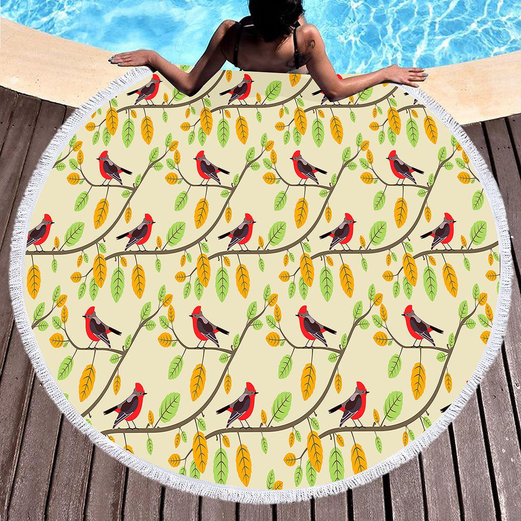 Bird Flower Print Round Beach Towel Microfiber Circle Bath Towels Quick Dry Absorbent Pool Towels Sand Free Shawl Beach Blanket