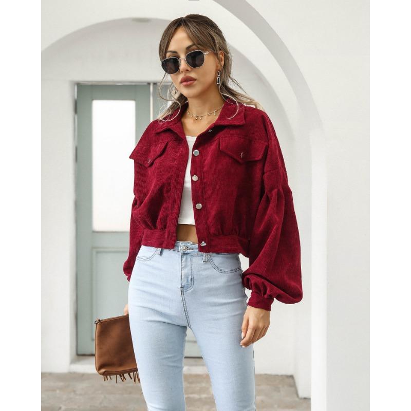 Podzim a zima ležérní klopa Styl BF Manšestrová bunda Lucerna rukáv Jednořadý Krátký kabát Dámské Elegantní Jednobarevné Nový styl