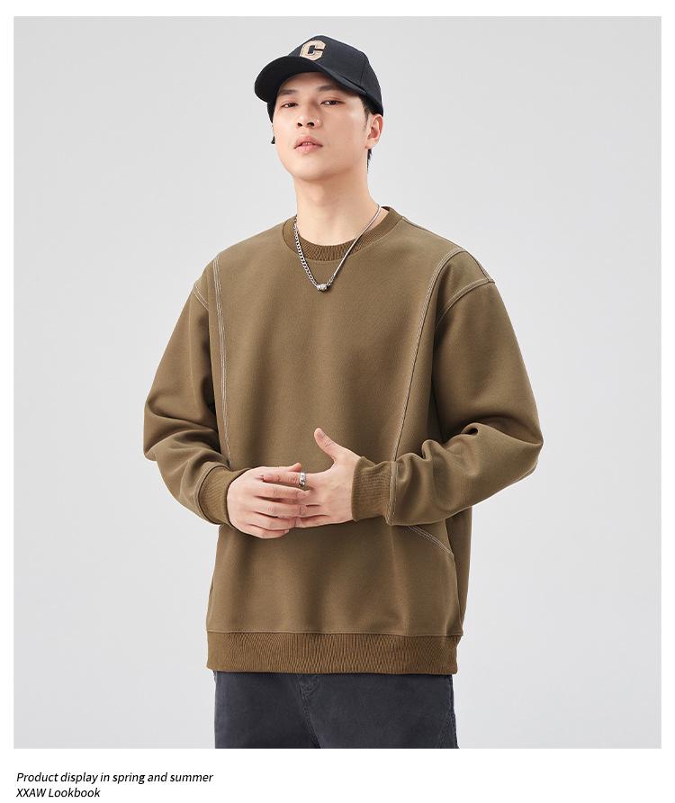 Herren Amerikanisches Retro Plüsch Nähte Rundhals Sweatshirt – Einfarbige, Vielseitige, Lockere Passform Freizeit Oberteil
