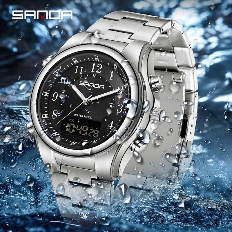 Sanda Men's Multi-Functional Watch: Dual Display, Luminous, Waterproof, Steel & Leather Straps, Casual & Business Style