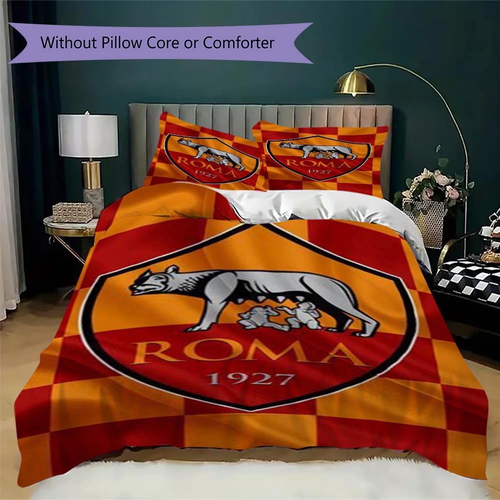 Set lenjerie de pat cu model A.S. Roma Cearșaf pilotă Huse pernă Decorațiune casă Cadou de ziua de naștere (1 * husă de pilotă + 2 * fețe de pernă fără miez)01
