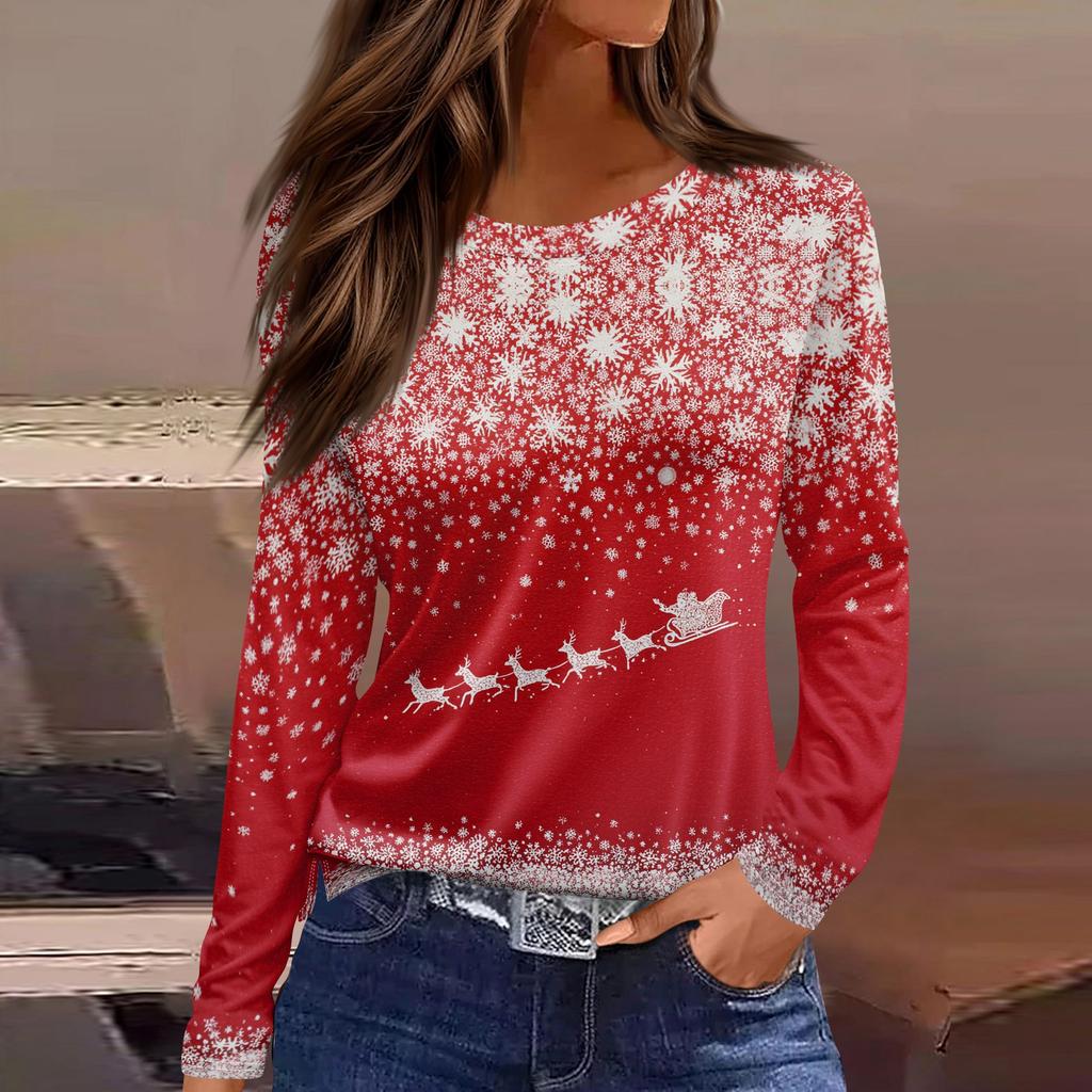 Women's Fashion Casual Slit Hem Round Neck Long Sleeve Loose Printed T-Shirt Ladies Top Christmas