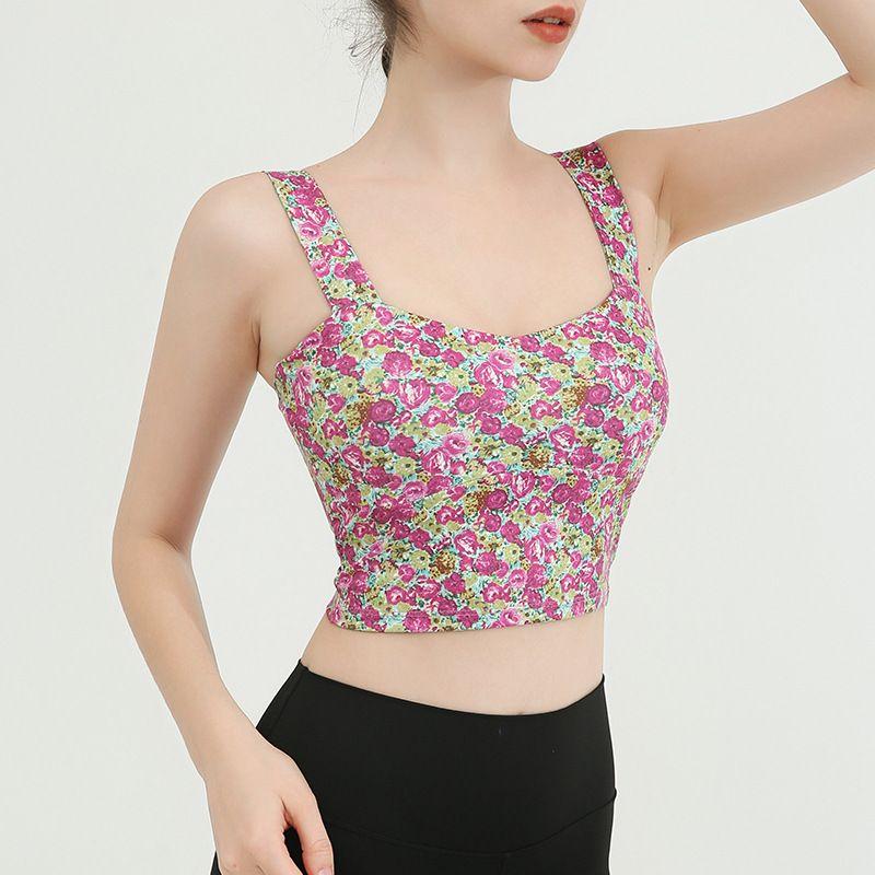 Foreign Trade with Chest Pad Bubble Wrap Elastic Quick-Drying Beauty Back Yoga Straps Tops Women's Small Floral Running Training Vest Tops