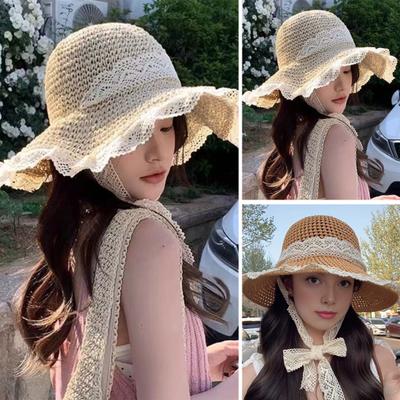 Sun Hat Windproof Large Brim Lace Trim Non-Slip Handmade Straw Hat with Straps Face Shaping Summer Beach