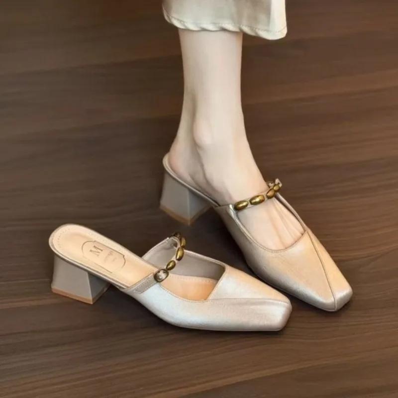 Fashion Elegant Women Slippers Square Toe High Heels Shoes Summer Mules Shoes 2025 New Sandals Designer Woman Pumps Fashion Sandalias