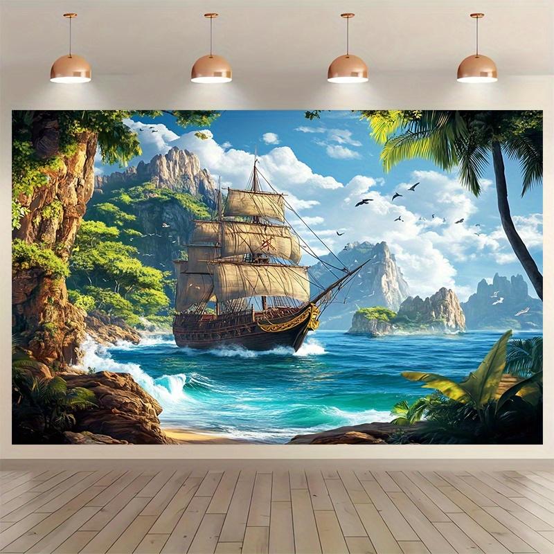 1 Piece of Polyester Pirate Ship Background Fabric, a Marine-themed Photography Backdrop, Indoor/outdoor Party Banner