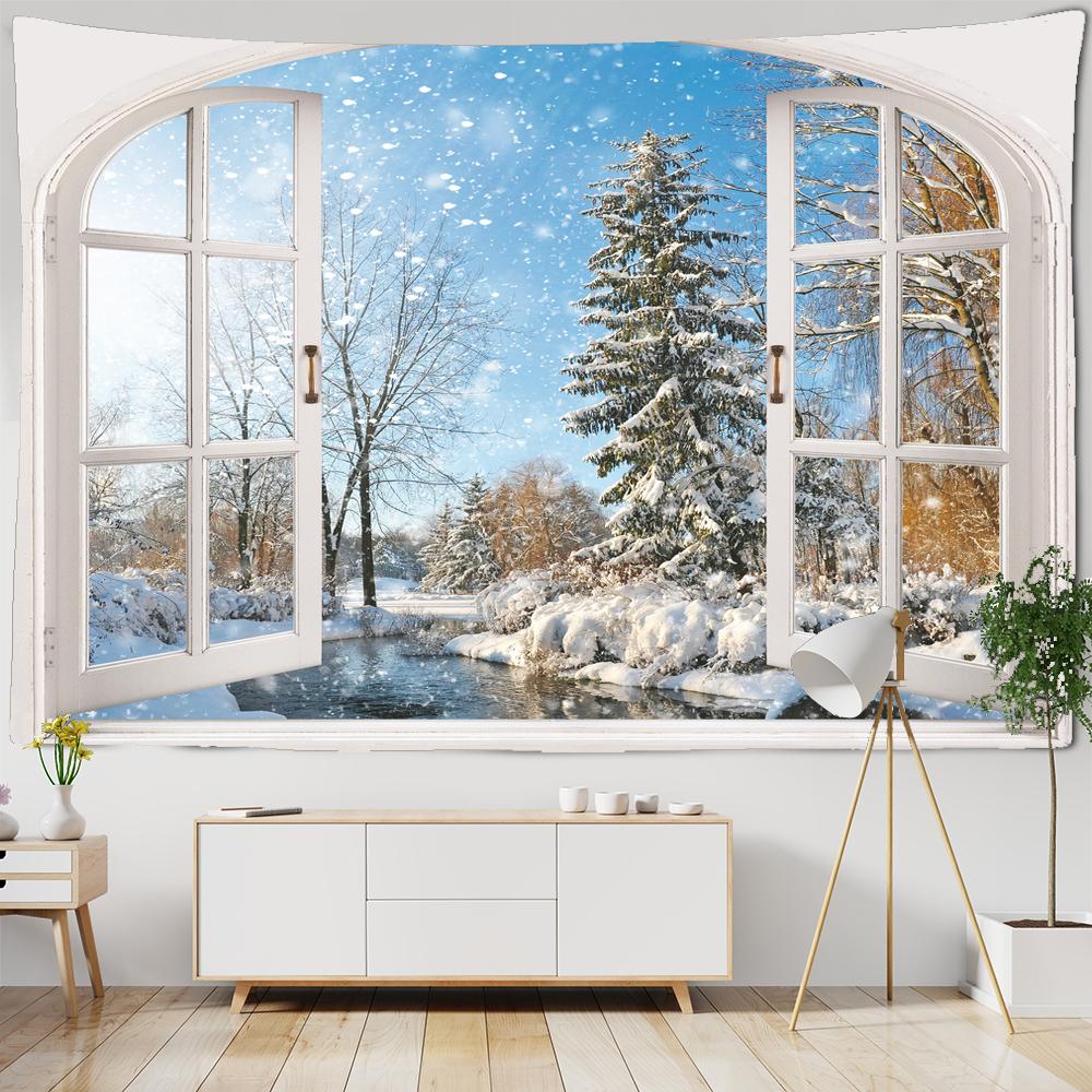 Christmas Forest Tapestry Snowy Trees Wooded Scenery Frosty Winter Park Winter Design, Wall Hanging for Bedroom Living Room Dorm
