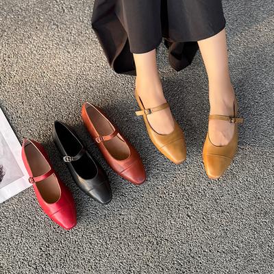 Retro Women Flats Shoes Elegant Versatile Genuine Leather Basic Buckle Strap Pointed Toe Pumps Shoes