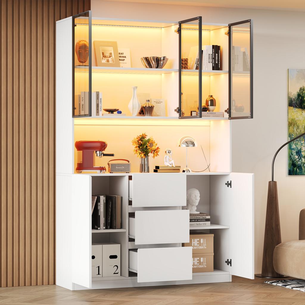 Vetrina in Vetro Illuminata a LED 120×40×200 cm – Vetro Temperato con Ripiani, Tre Cassetti e Due Ante, Versatile per Soggiorno e Sala da Pranzo