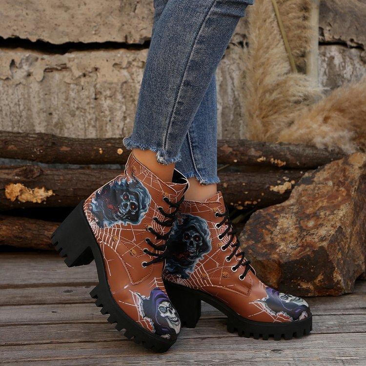 Large size totem European and American style lace-up fashion boots autumn and winter new square heel round head height-increasing women's boots