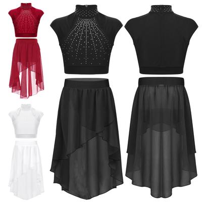 Meisjes Lyrical Dance Dress Crop Top met Tutu Rok Tweedelige Danskleding Gymnastiekoutfits