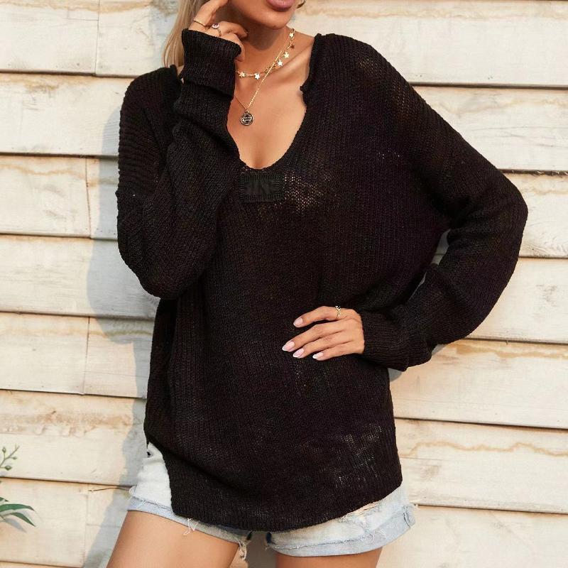 IHUASU Autumn and Winter V-neck Women's Knitted Loose Solid Colour Fashion Pullover Jumper
