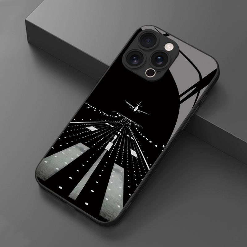 Night View Runway Airplane Tempered Glass Black Phone Case For iPhone 11 12 13 14 15 16 17 Pro Max 17 Air 7 8 Plus XS X XR Cover