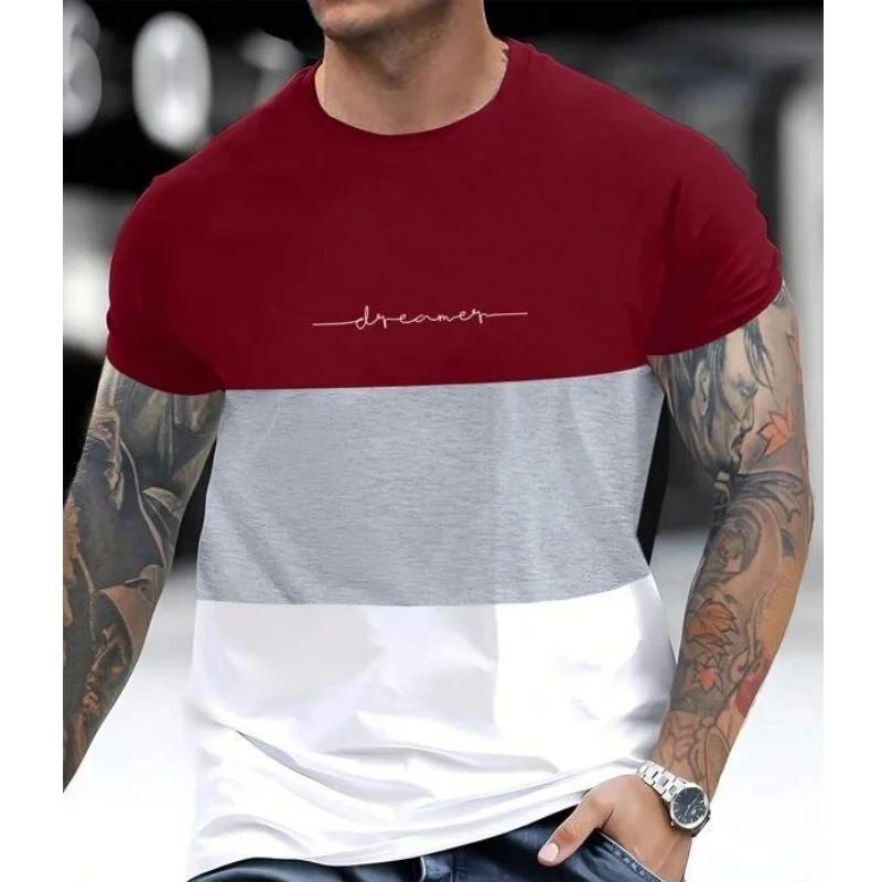 Men Summer New Printed Color Block Short Sleeve Crew Neck T Shirt Casual Contrast Top