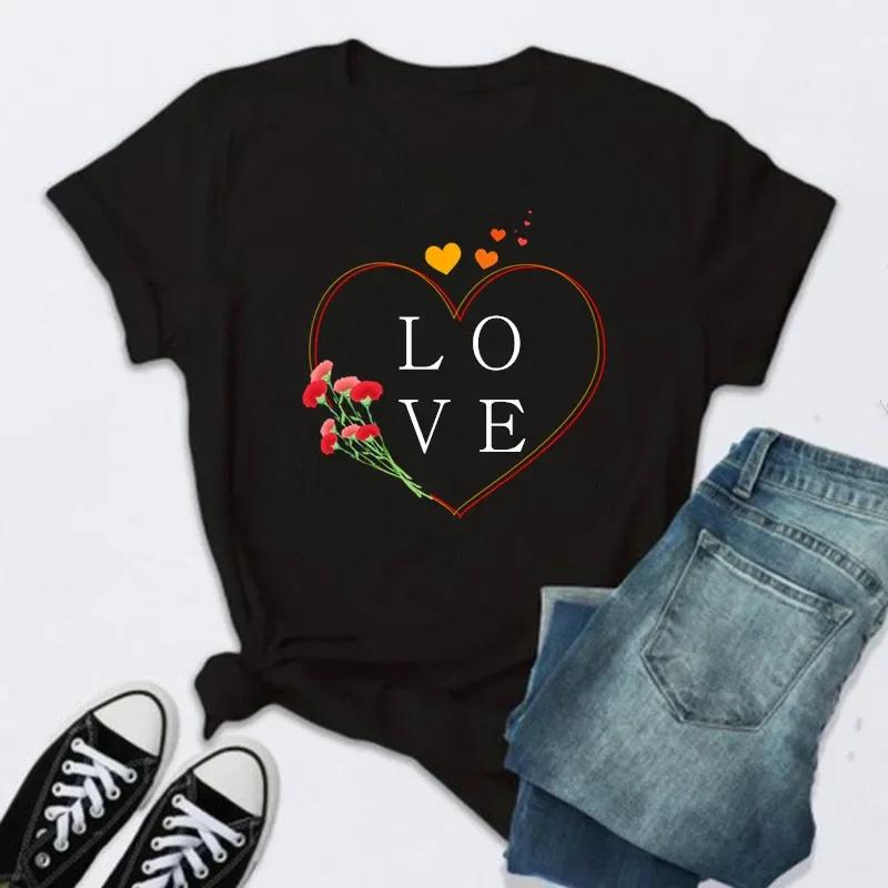 Women Rose Print Black T Shirt Female 2026 Valentine New Tshirt Fashion Short Sleeve Tee Tops Harjauku Cute Tshirt Graphic Y2K