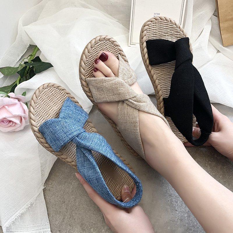 Summer New Beach Sandals Women's Outer Wear Straw Linen Sandals Elastic Band Cross Flat Women's Shoes