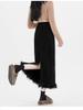 Black Velvet Fleece-Lined High-Waist Midi Skirt with Slit