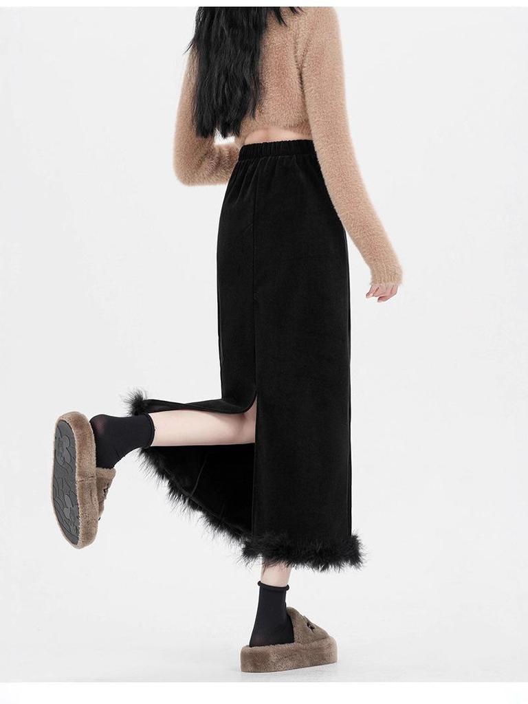 Black Velvet Fleece-Lined High-Waist Midi Skirt with Slit