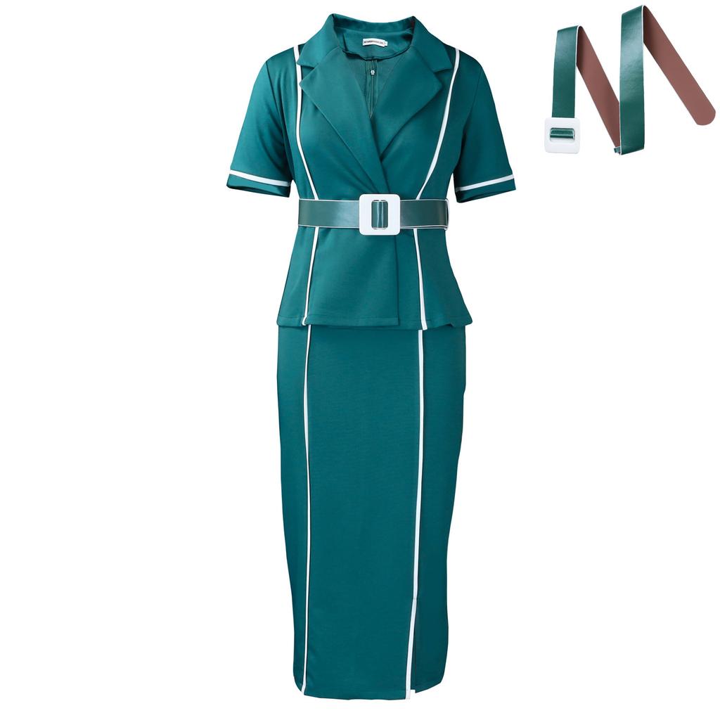 Women's New Fashion Short-sleeved Suit Collar High Waist Ruffle Edge O Dress