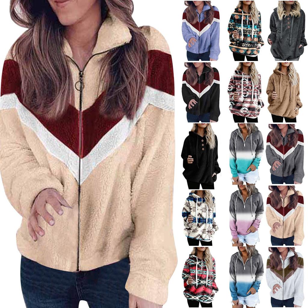 Damska jesienno-zimowa modna, zapinana na zamek, pluszowa kurtka kardigan z długim rękawem