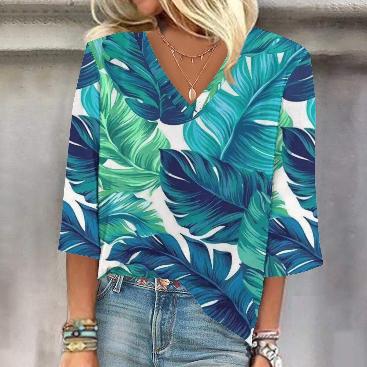 

Весна и осень 2023, новый модный женский повседневный топ с v-образным вырезом и рукавом 3/4 с принтом, размер гной