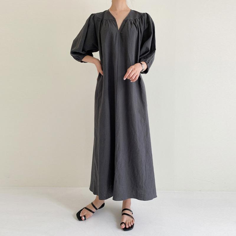 Cotton and linen dress spring women's long knee-length short-sleeved dress women