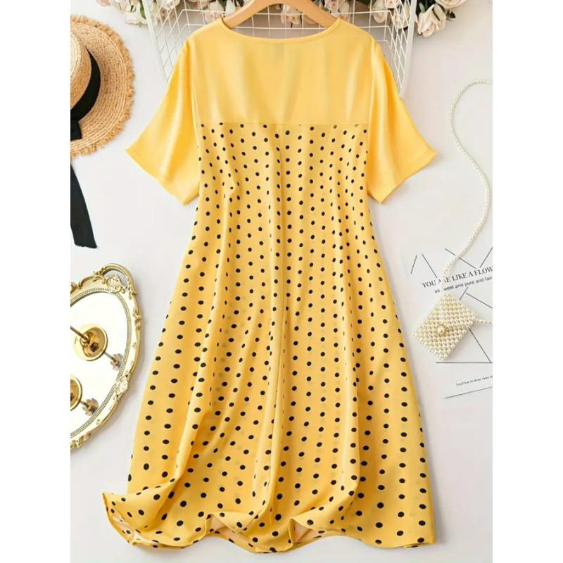Spring Summer Polka Dot Round Neck Short Sleeved Sleeping Skirt Comfortable Dress for Women
