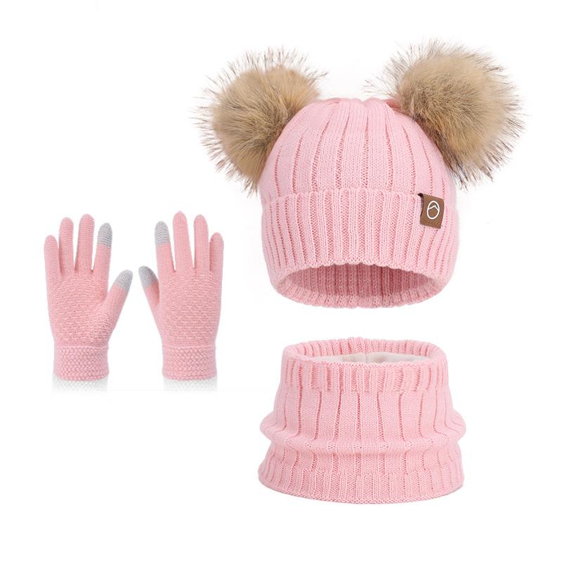 Children's hats Outdoor warm three-piece set Boys and girls fleece ear protector pullover hat Cute hairball knitted wool hat