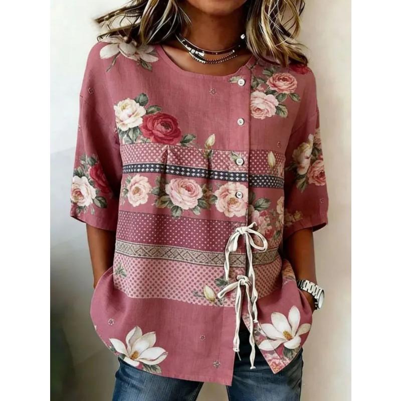 Women's printed lace-up short-sleeved blouse, fashionable and versatile, comfortable and skin-friendly, machine washable.