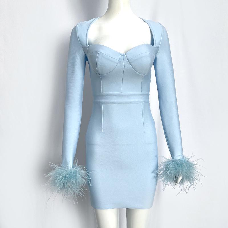 

Новое вечернее платье с длинным рукавом и перьями в европейском и американском стиле с бандажной отделкой Large светло-синий