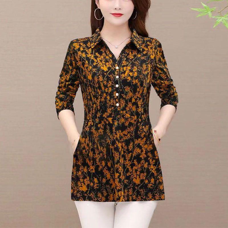 

Casual Turn-down Collar Button Shirt Basic Women s Folk Broken Flowers Autumn Vintage Commute Long Sleeve Blouse M жовтий
