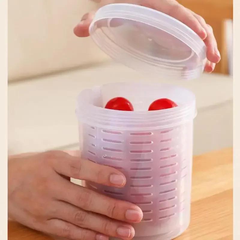 Kitchen Transparent Storage  Box Portable Fruit Storage Container Set with Fork Drainer for Lunch Refrigerator Food Preservation