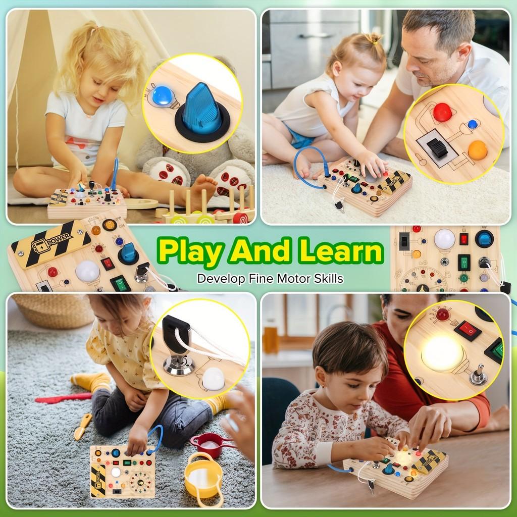 Beschäftigungstafel Montessori Kinderaktivität Holzspielzeug mit Schaltern LED Sensorisches Licht