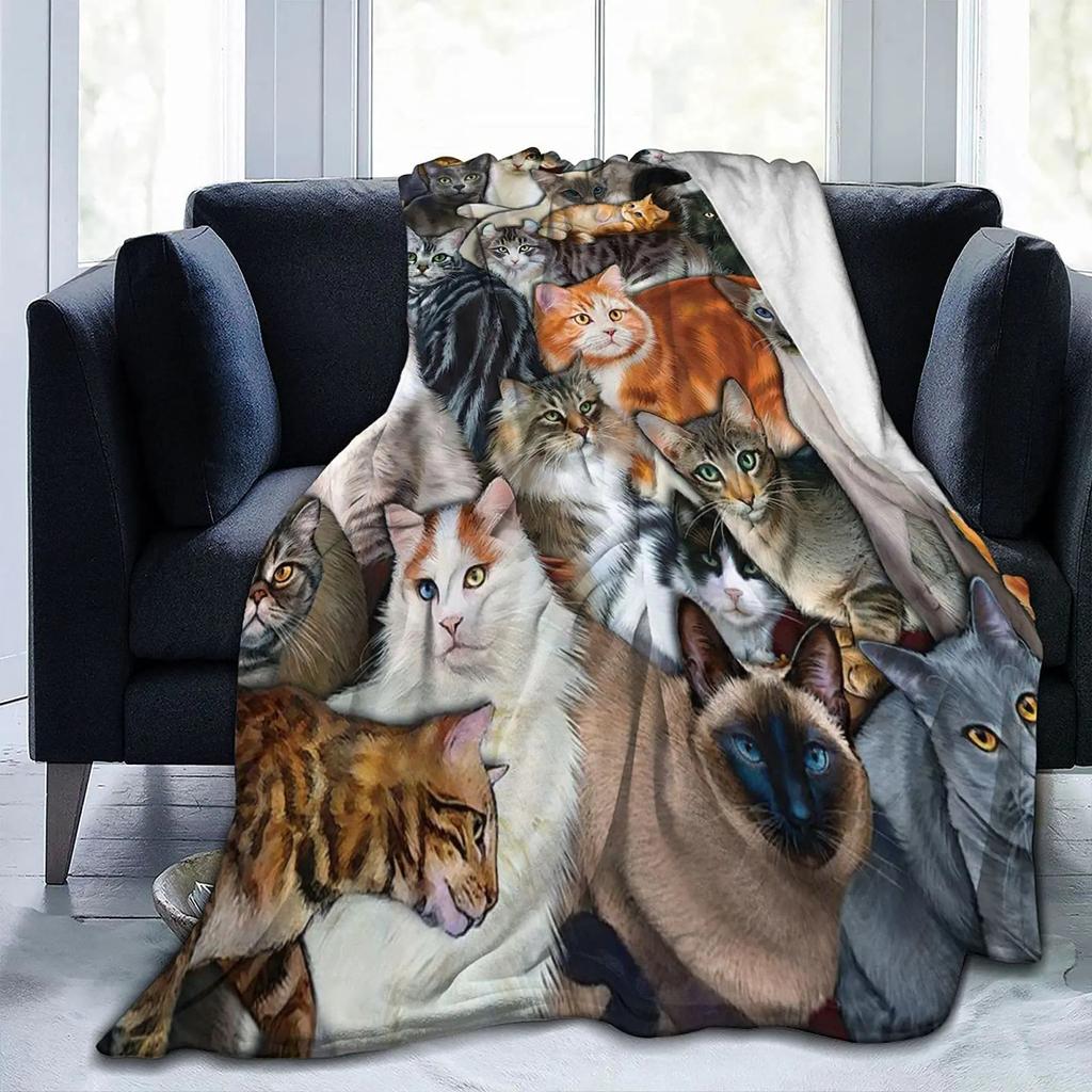 Cute Cat Print Flannel Blanket Sofa Bedroom Blanket Soft Portable Nap Blanket