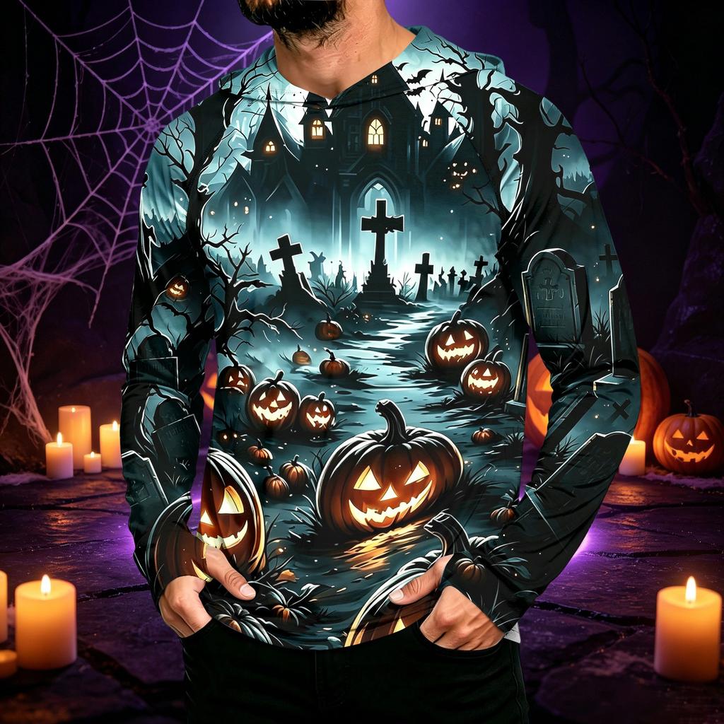 Men's Long Sleeve Hoodie Halloween Print Lightweight Pullover for Casual Wear