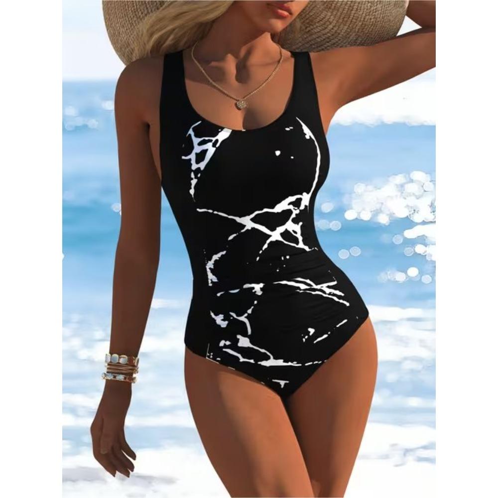 Sommer Sexy Abstraktes Muster Gedruckter Einteiler Badeanzug Schlanke Passform und Schlankmachend, Tiefes U-Rücken Design, Strand Pool Urlaub Auffälliger Mode Badeanzug