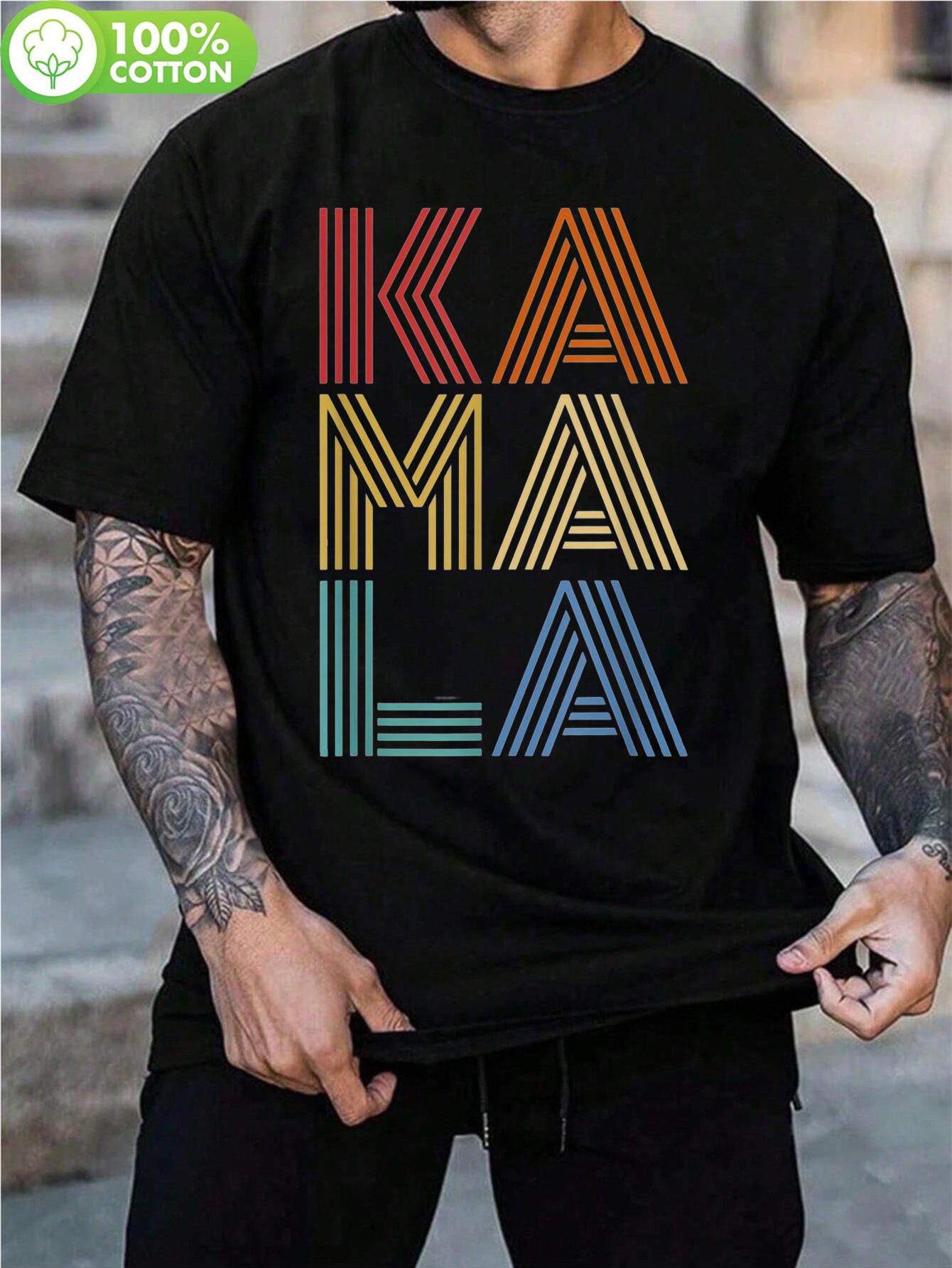 

1pc Kamala Colorful Geometric Text Print T-shirt - 100% Cotton Crew Neck Short Sleeve XL