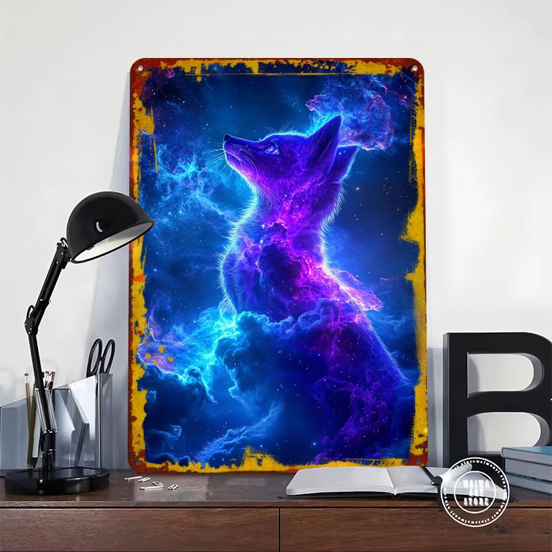 Targa Metallica Poster Volpe Spaziale Magia Cosmica Arte da Parete Personalizzata Segni Metallici Retro Vintage per Man Cave Decorazione Garage Decorazione Stanza