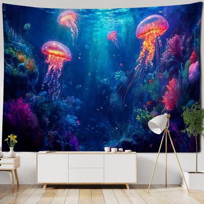 Underwater Jellyfish Wall Tapestry, Dreamy Cartoon Style, Children's Room Background Poster, Home Decoration Mural, Bed Sheets