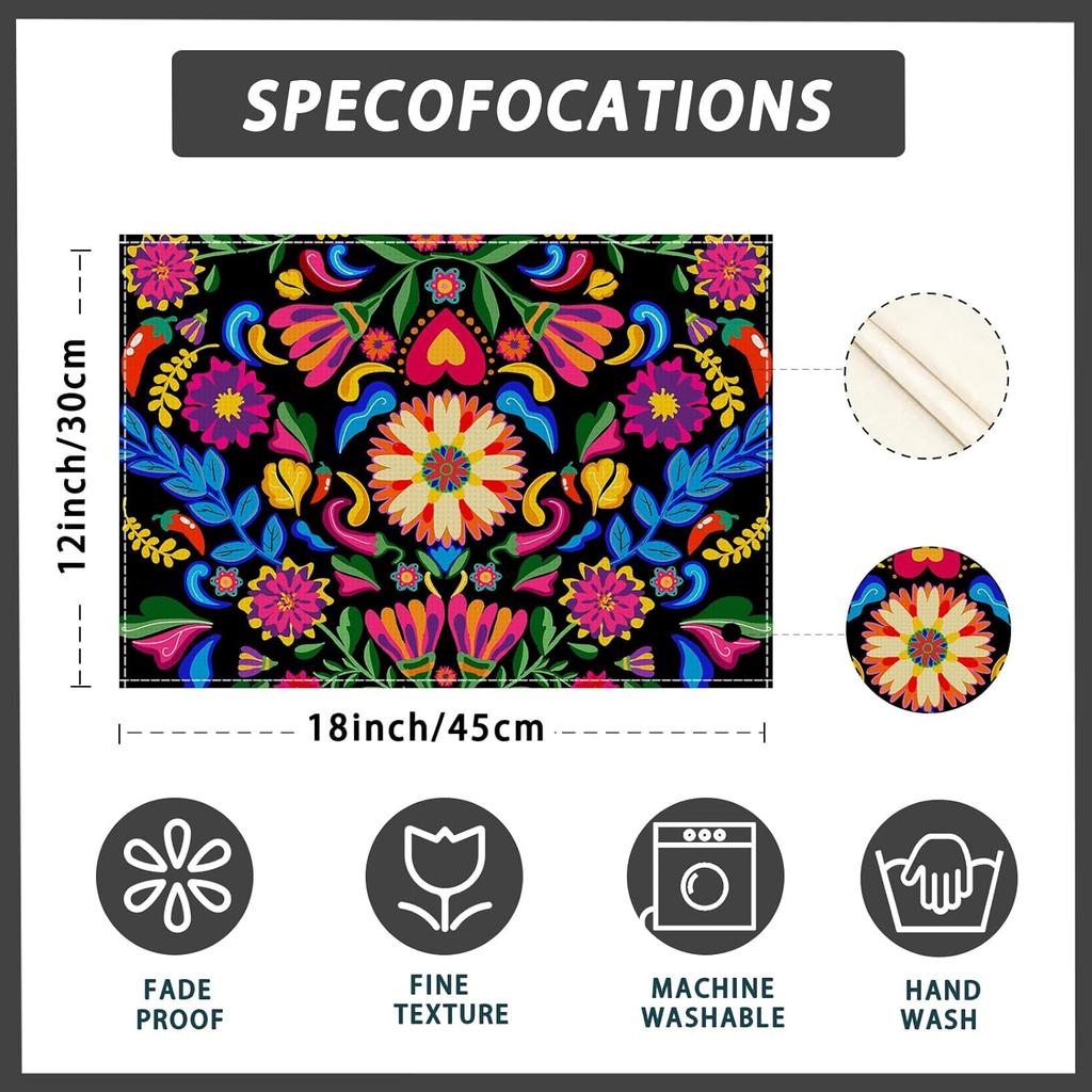 Colorful Flowers Peppers Dia De Los Muertos Cinco De Mayo Day of The Dead Placemats Set of 4 Table Mats for Party Home Kitchen Dining Table Decoration