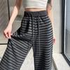 Women's Retro Grey Striped Wide-Leg Pants, Elastic Waist with Drawstring - High Waist, Loose Fit, Spring/Summer 2026 Collection.