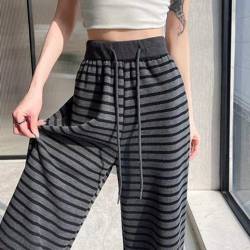 Women's Retro Grey Striped Wide-Leg Pants, Elastic Waist with Drawstring - High Waist, Loose Fit, Spring/Summer 2026 Collection.